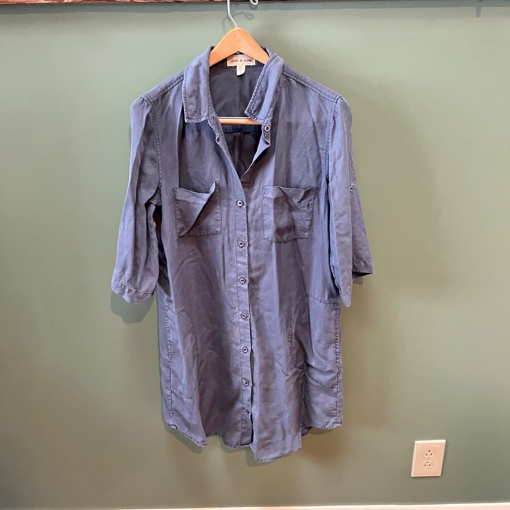 cloth & stone button front shirt dress blue roll tab‎ sleeves size S
